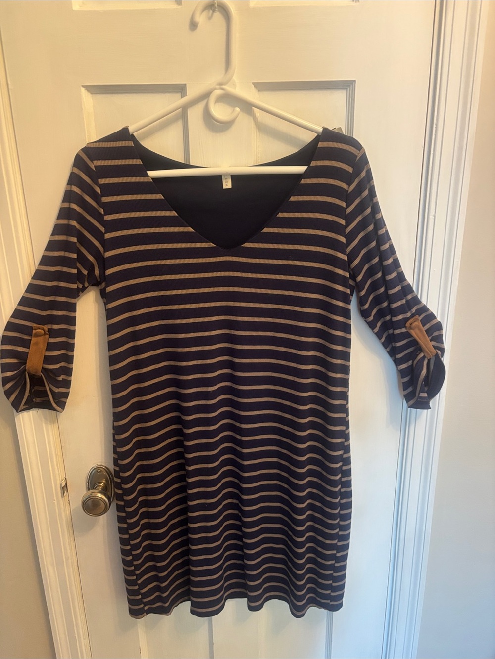 Pinkblush Navy and Tan Striped V-Neck Long Sleeve Dress with Tab Sleeves
